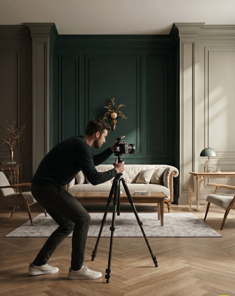 Een fotograaf fotografeert een woonkamer met een camera op statief
