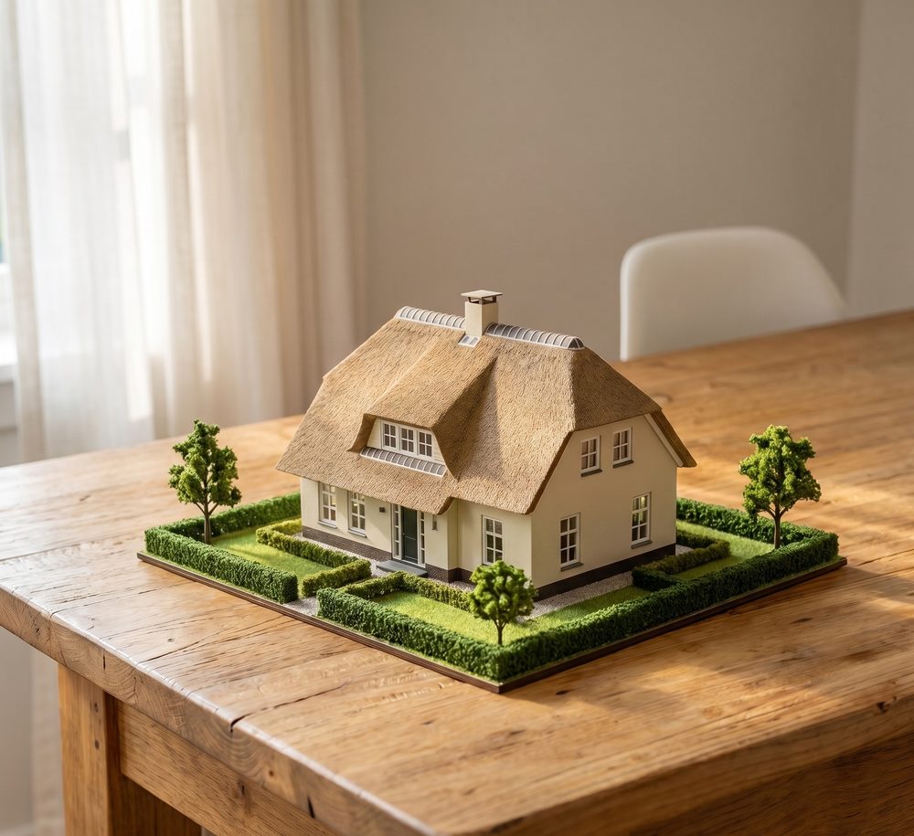Maquette van een rietgedekt huis met tuin en heggen op een houten tafel